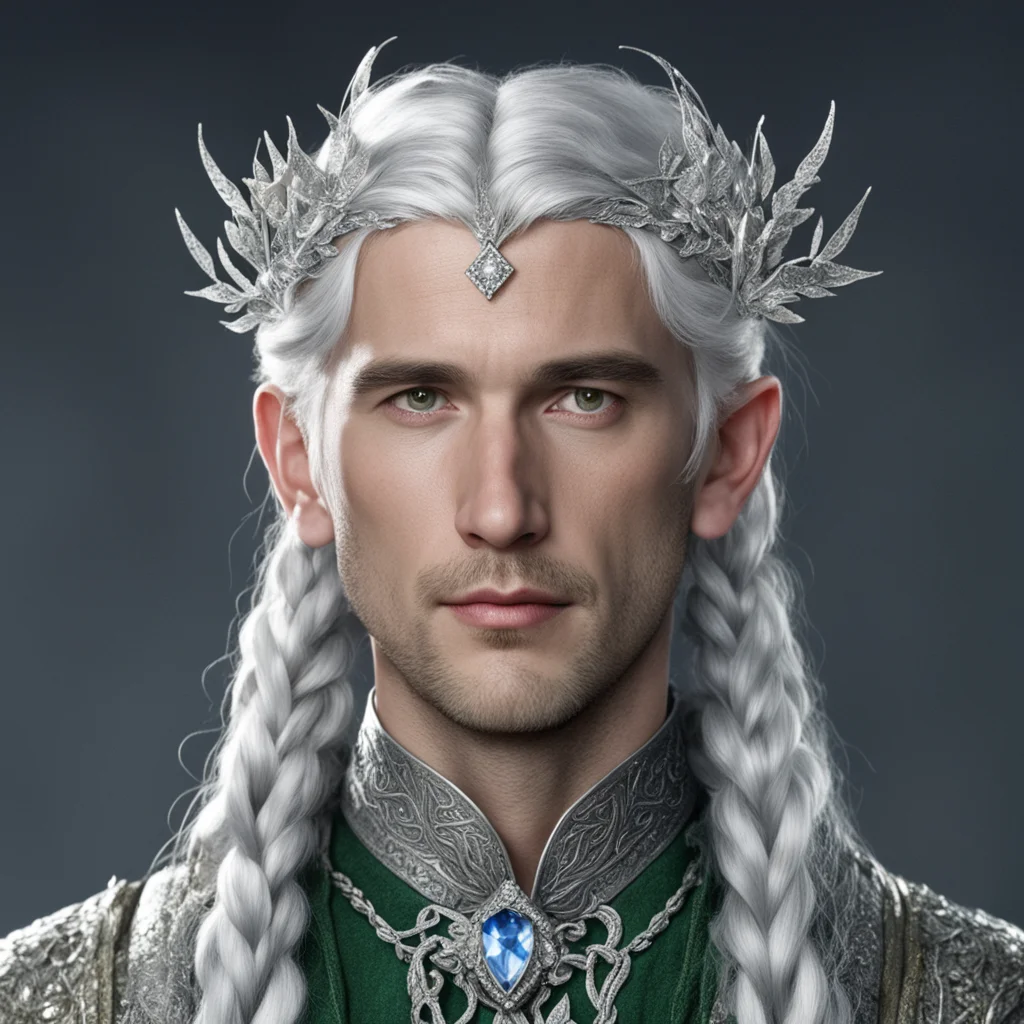 tolkien prince elmo with silver hair and braids wearing small silver leaves encrusted with diamonds to form a silver serpentine elvish circlet with large center diamond  confident engaging wow artst
