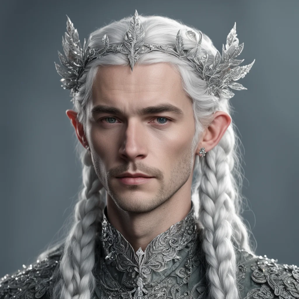 aitolkien prince elmo with silver hair and braids wearing small silver leaves encrusted with diamonds to form a silver serpentine elvish circlet with large center diamond 