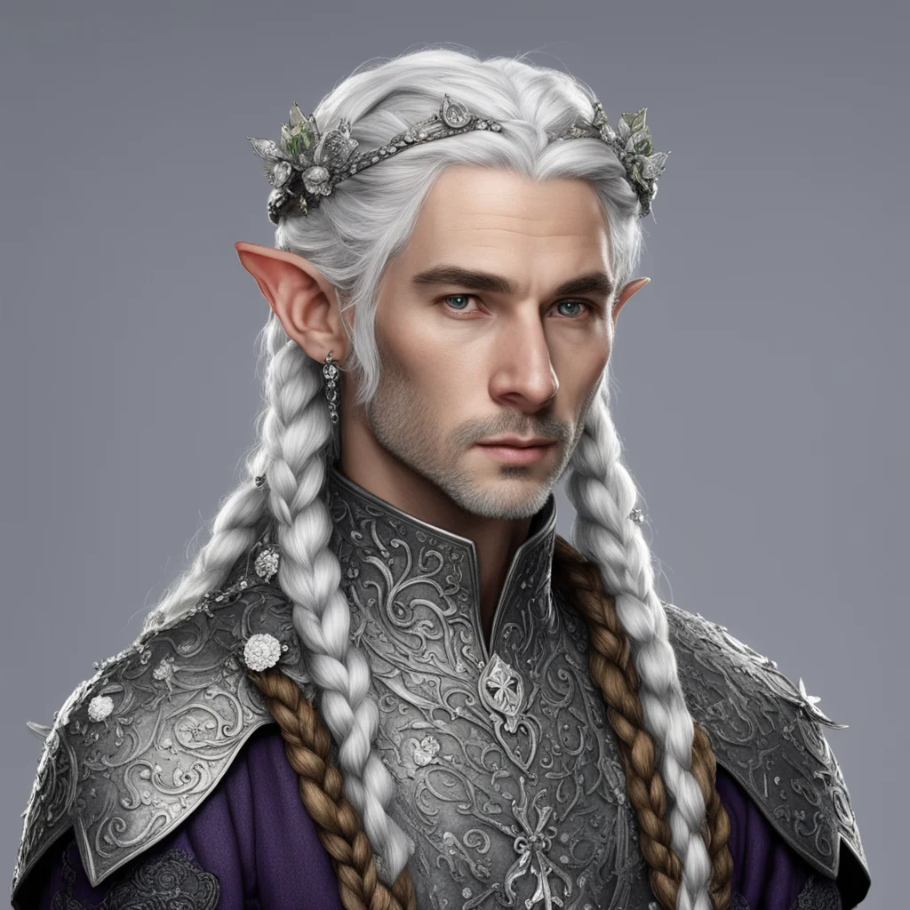 tolkien prince elmo with silver hair with braids wearing silver flower elvish circlet encrusted with dimonds
