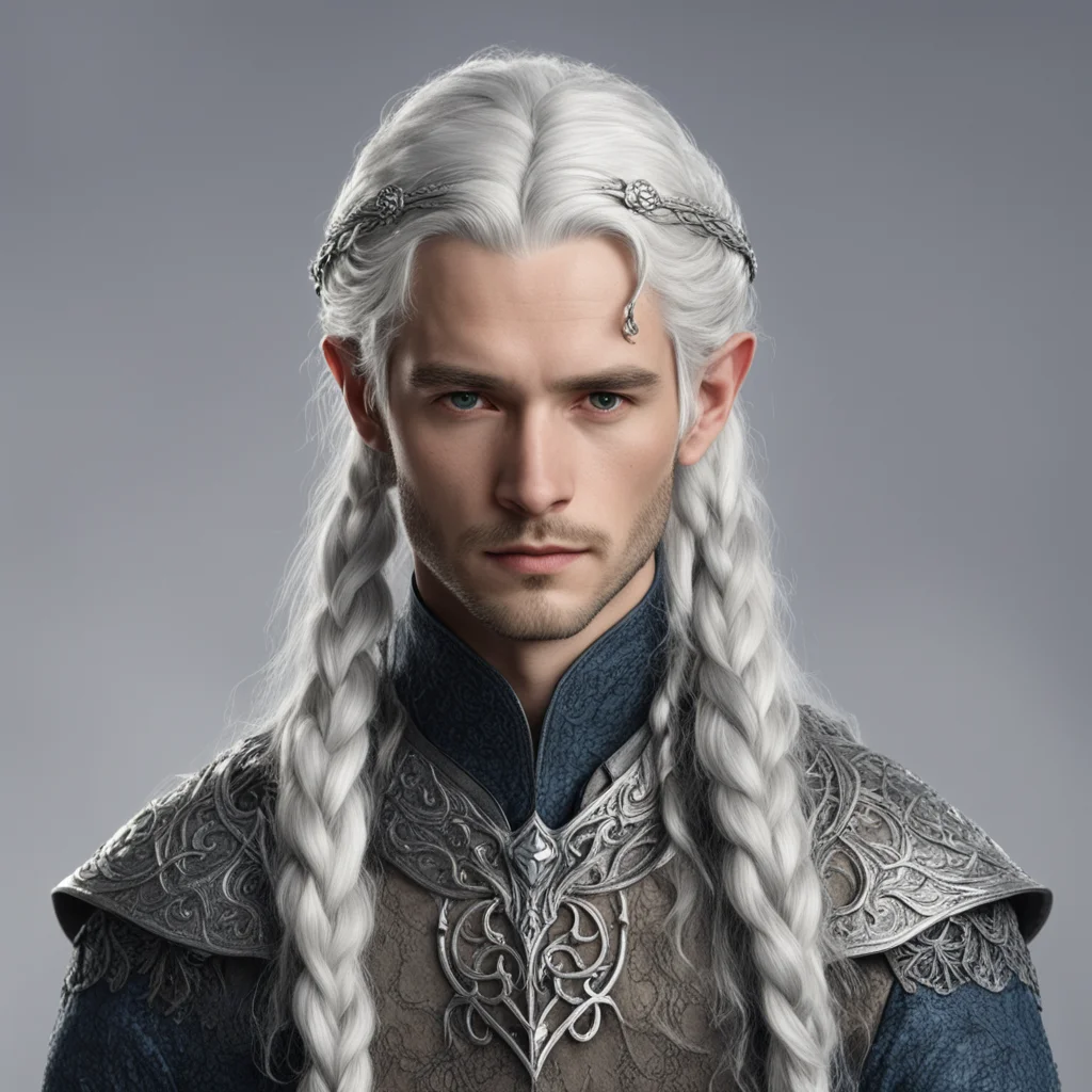 aitolkien prince elmo with silver hair with braids wearing silver sindarin elvish circlet with diamonds good looking trending fantastic 1