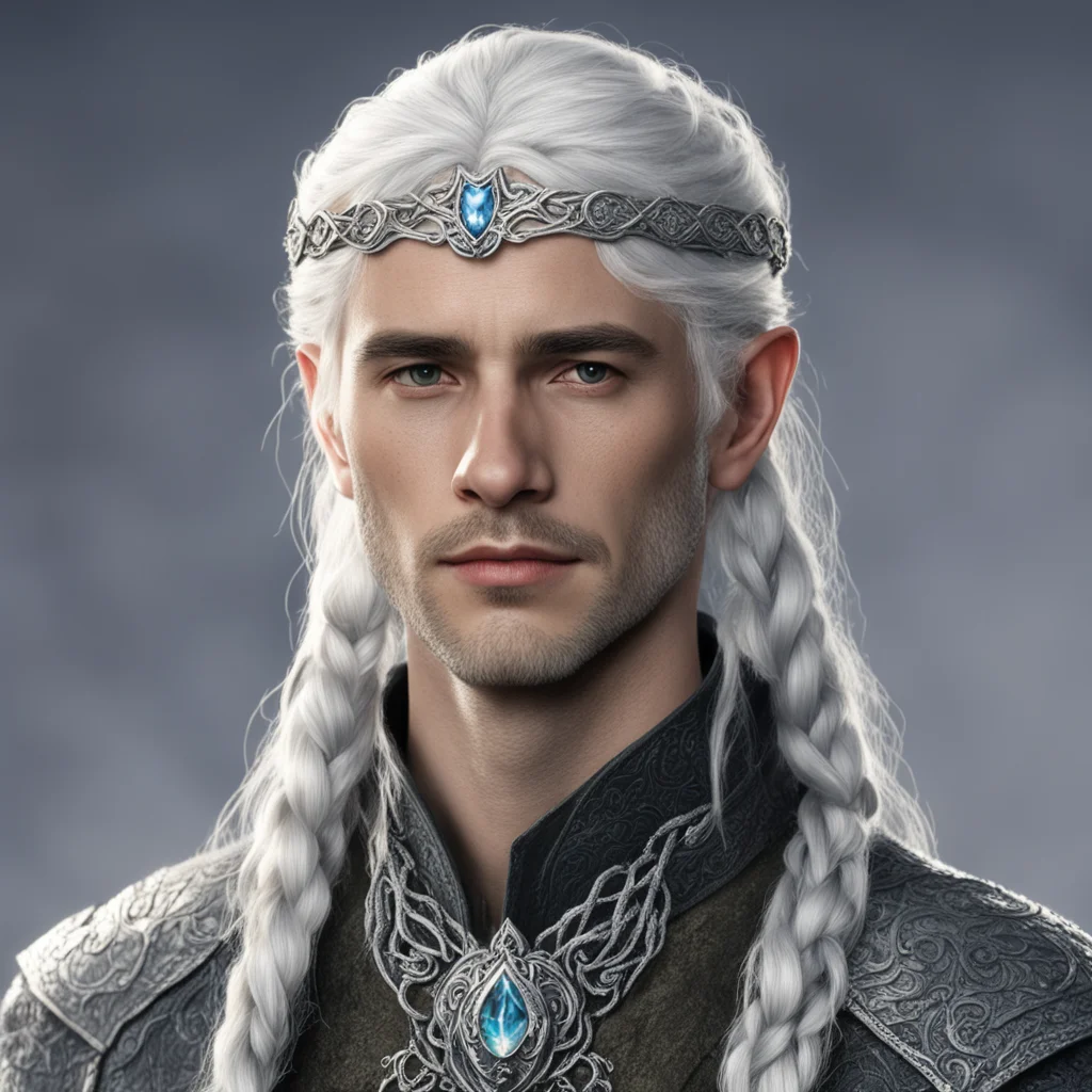 tolkien prince elmo with silver hair with braids wearing silver sindarin elvish circlet with diamonds