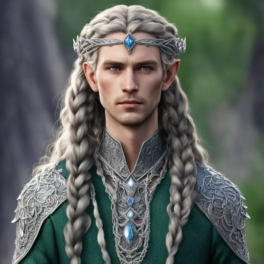 tolkien prince galadhon with braids wearing small silver sindarin elven circlet with diamonds