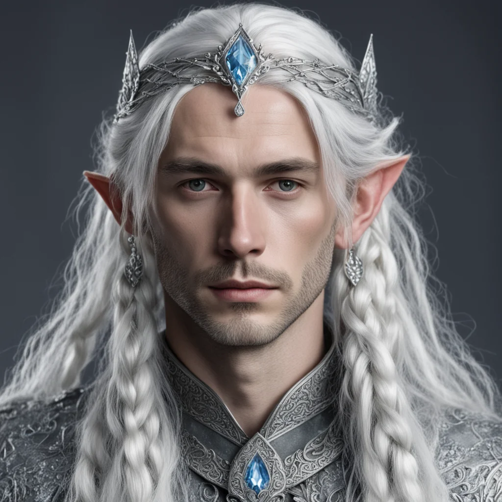 tolkien prince galathil with silver hair and braids wearing a silver elvish circlet encrusted with diamonds with large center diamond  amazing awesome portrait 2