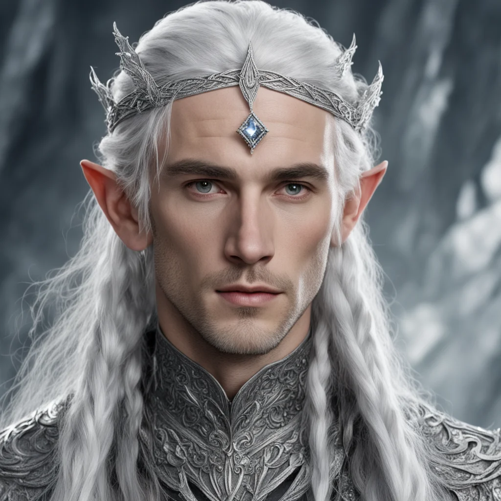 aitolkien prince galathil with silver hair and braids wearing a silver elvish circlet encrusted with diamonds with large center diamond  good looking trending fantastic 1