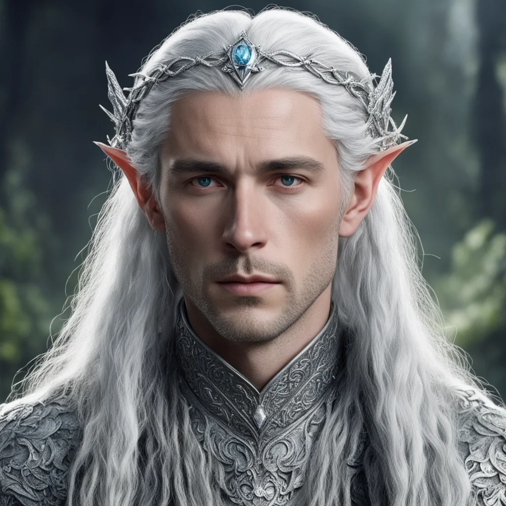 tolkien prince galathil with silver hair and braids wearing a silver elvish circlet encrusted with diamonds with large center diamond 