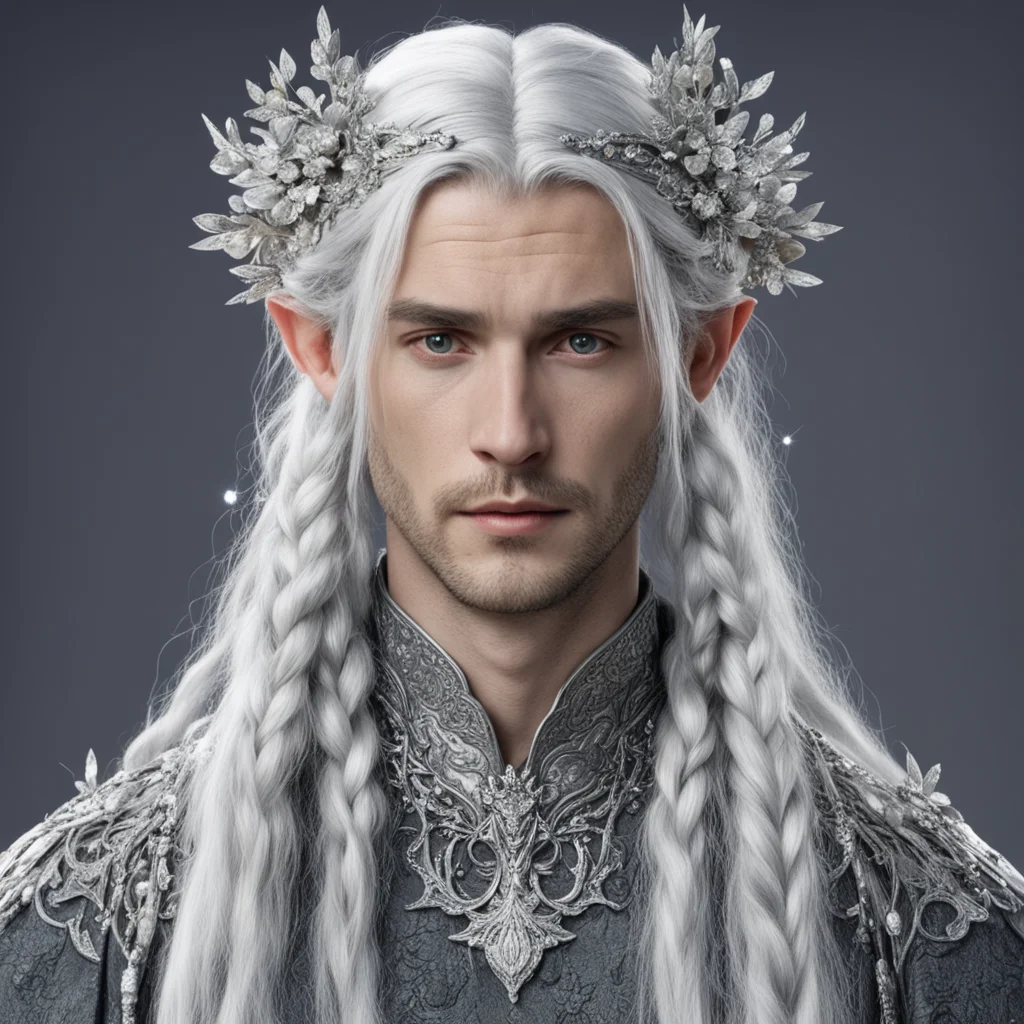 aitolkien prince galathil with silver hair and braids wearing silver flowers encrusted with diamonds to form silver elvish circlet with large center diamond amazing awesome portrait 2