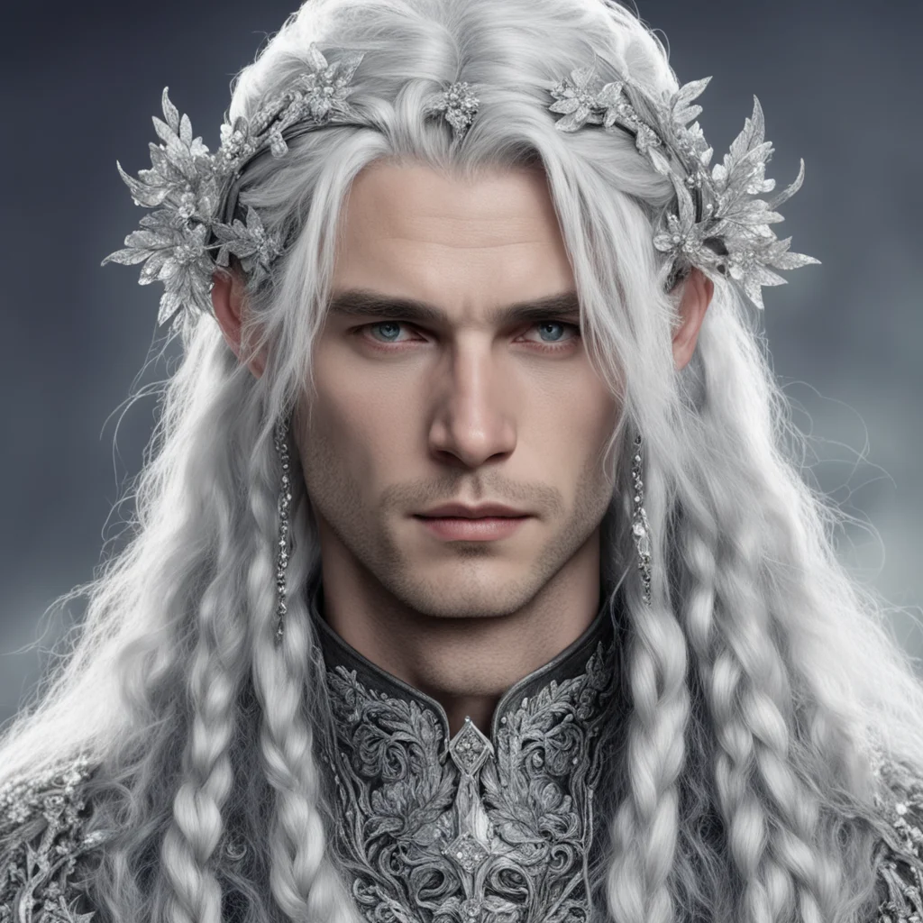 aitolkien prince galathil with silver hair and braids wearing silver flowers encrusted with diamonds to form silver elvish circlet with large center diamond good looking trending fantastic 1
