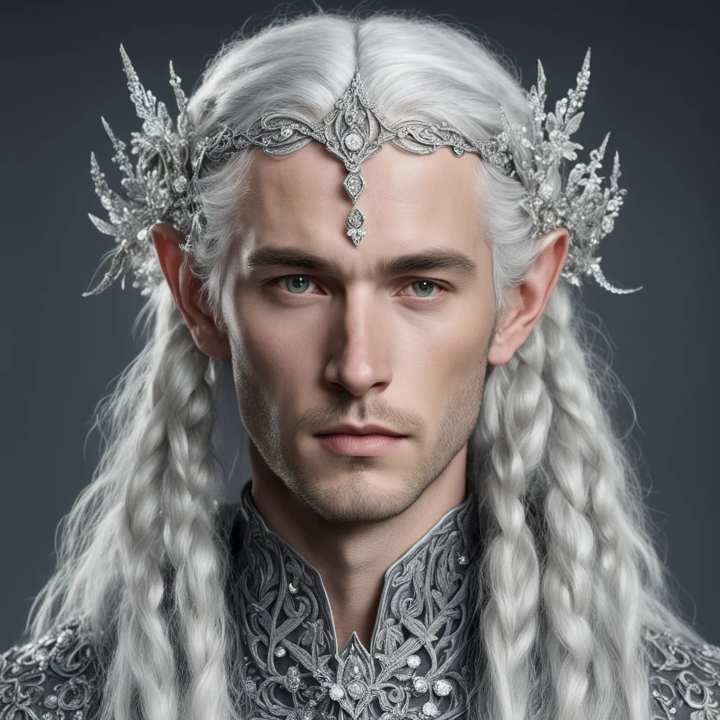 tolkien prince galathil with silver hair and braids wearing silver flowers encrusted with diamonds to form silver elvish circlet with large center diamond
