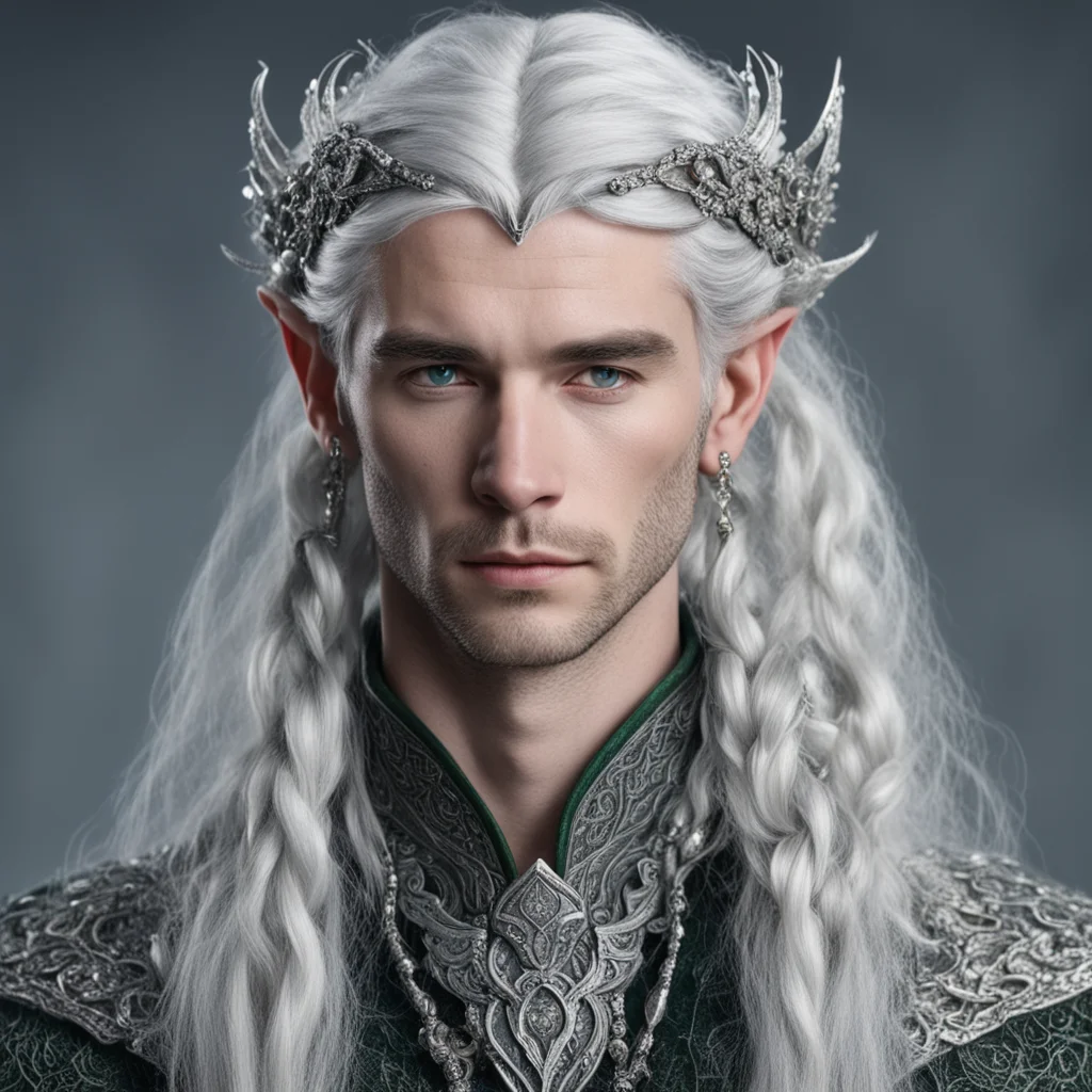 aitolkien prince galathil with silver hair and braids wearing silver serpentine elvish circlet and encrusted with diamonds with large center diamond  amazing awesome portrait 2