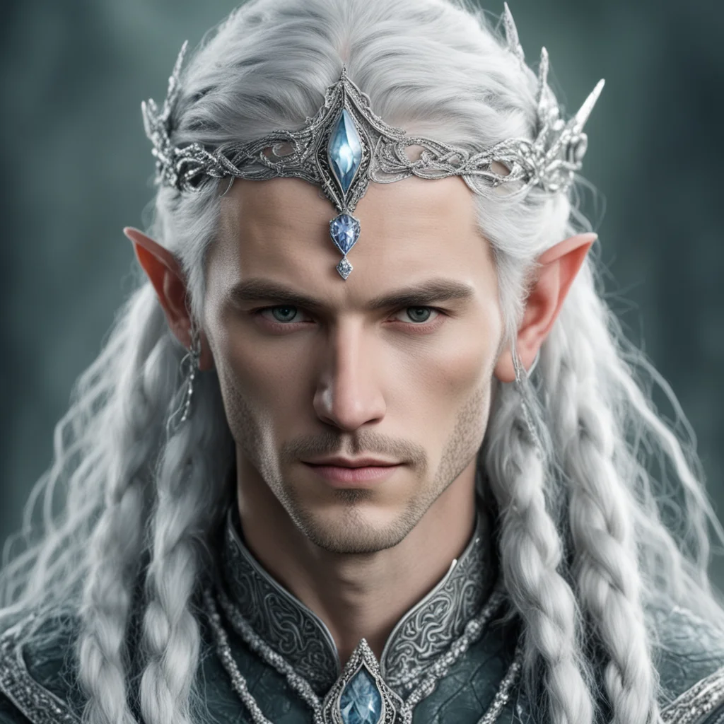 aitolkien prince galathil with silver hair and braids wearing silver serpentine elvish circlet and encrusted with diamonds with large center diamond  good looking trending fantastic 1