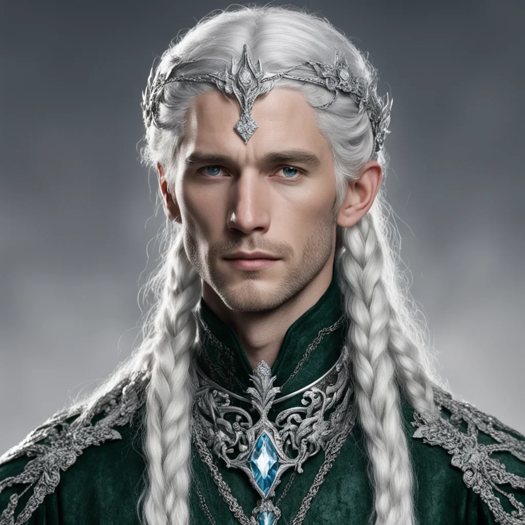 tolkien prince galathil with silver hair and braids wearing silver serpentine elvish circlet and encrusted with diamonds with large center diamond 