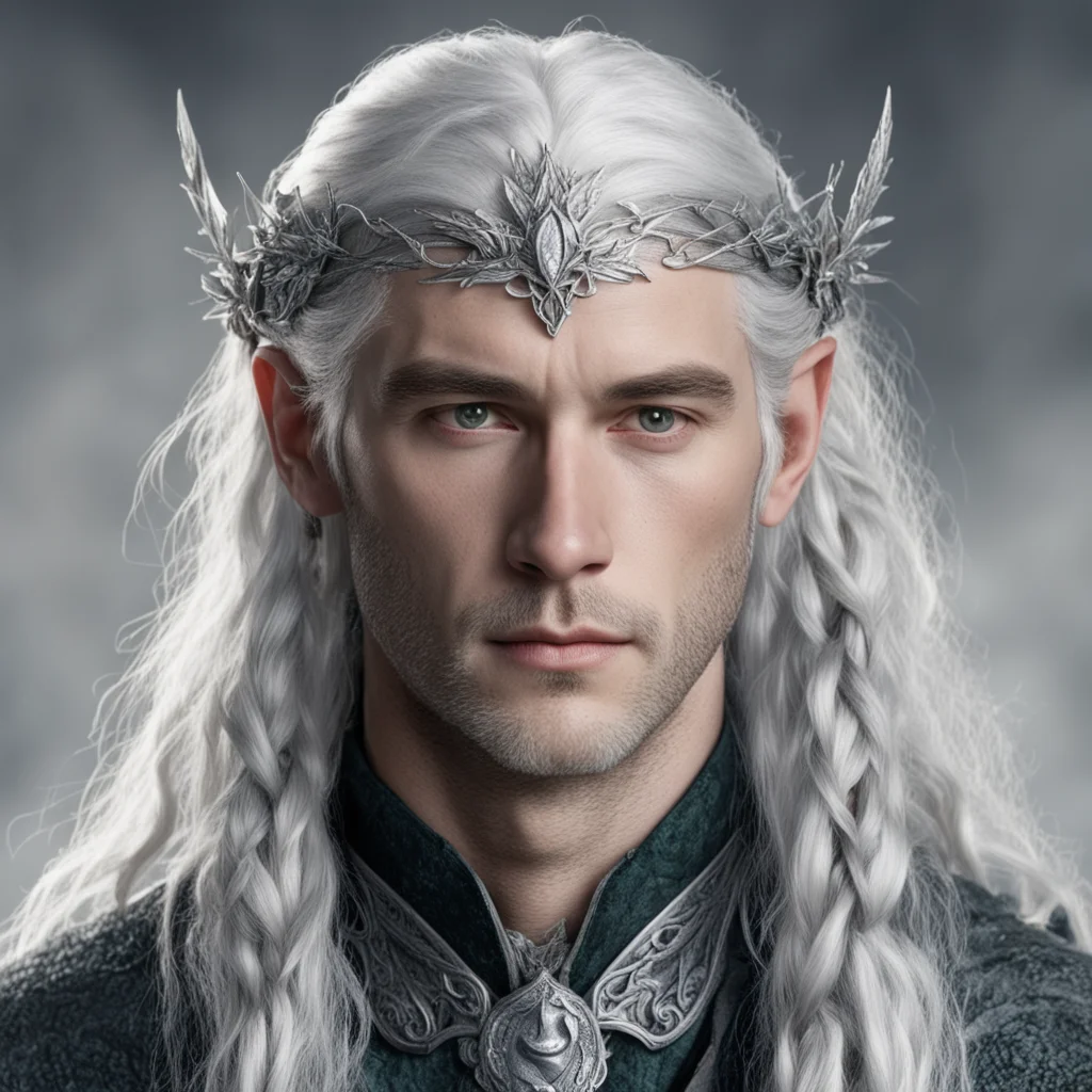 aitolkien prince galathil with silver hair with braids wearing silver elvish circlet of silver leaf and diamond berry