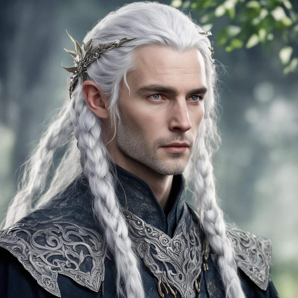 tolkien prince galathil with silver hair with braids wearing silver leaf with diamond berry elvish circlet