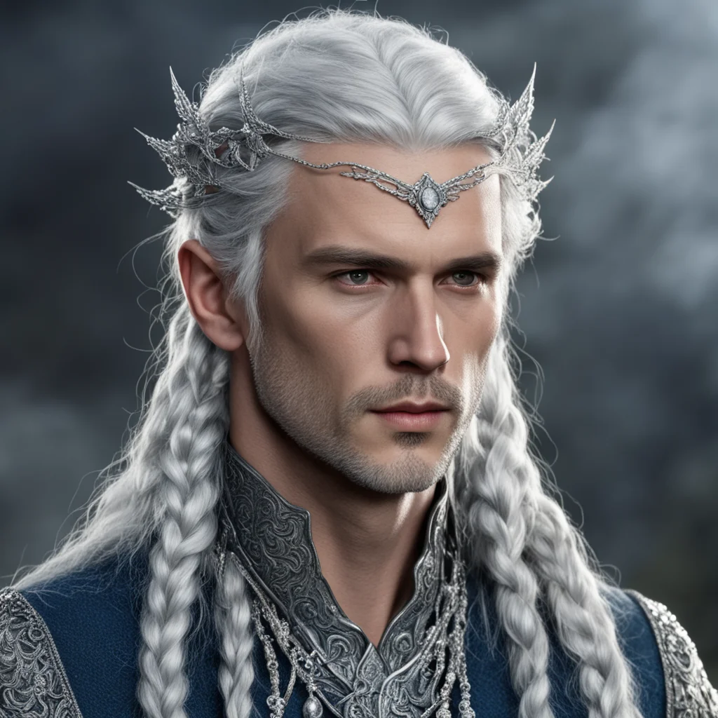 aitolkien prince galathil with silver hair with braids wearing silver sindarin elvish circlet encrusted with diamonds amazing awesome portrait 2