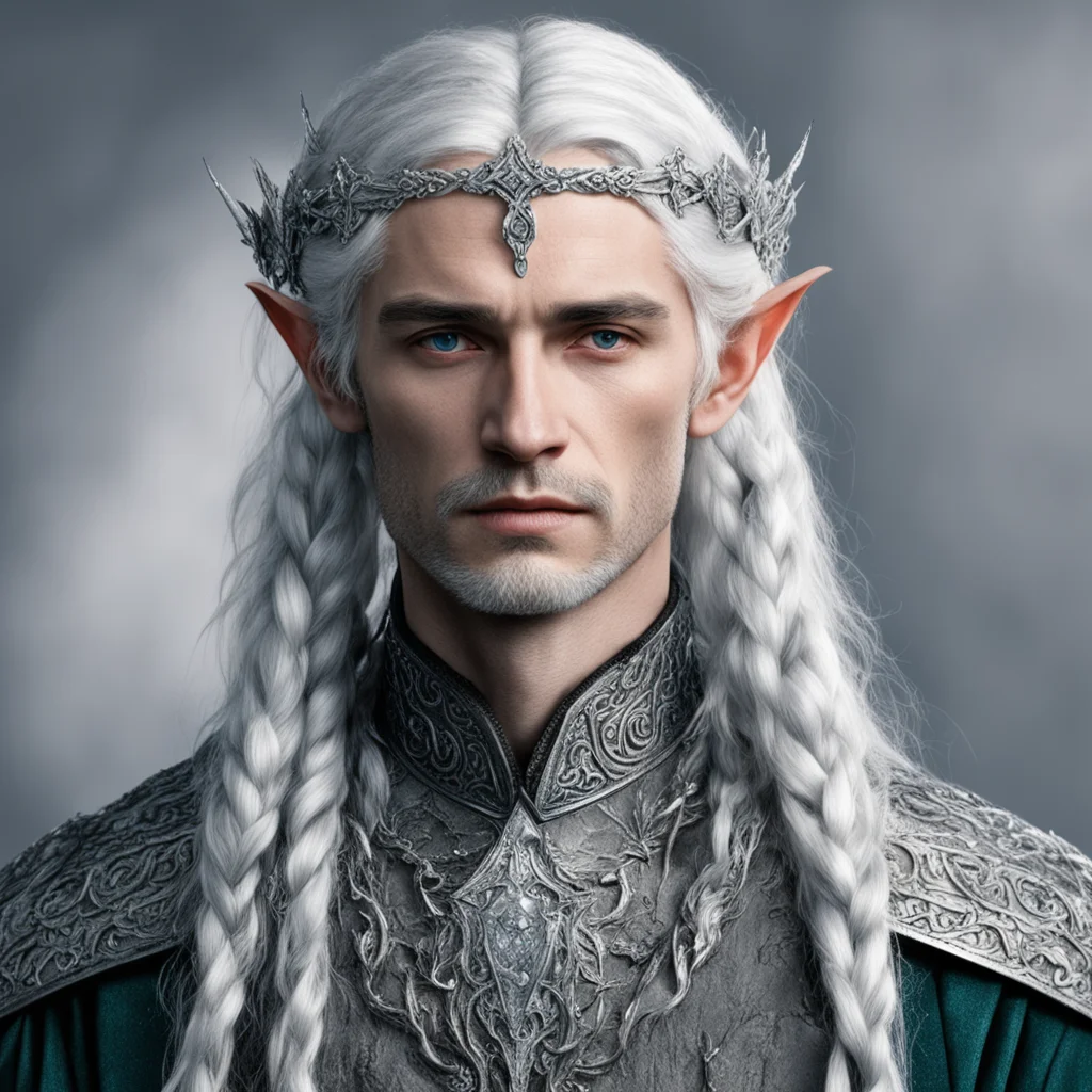 aitolkien prince galathil with silver hair with braids wearing silver sindarin elvish circlet encrusted with diamonds good looking trending fantastic 1