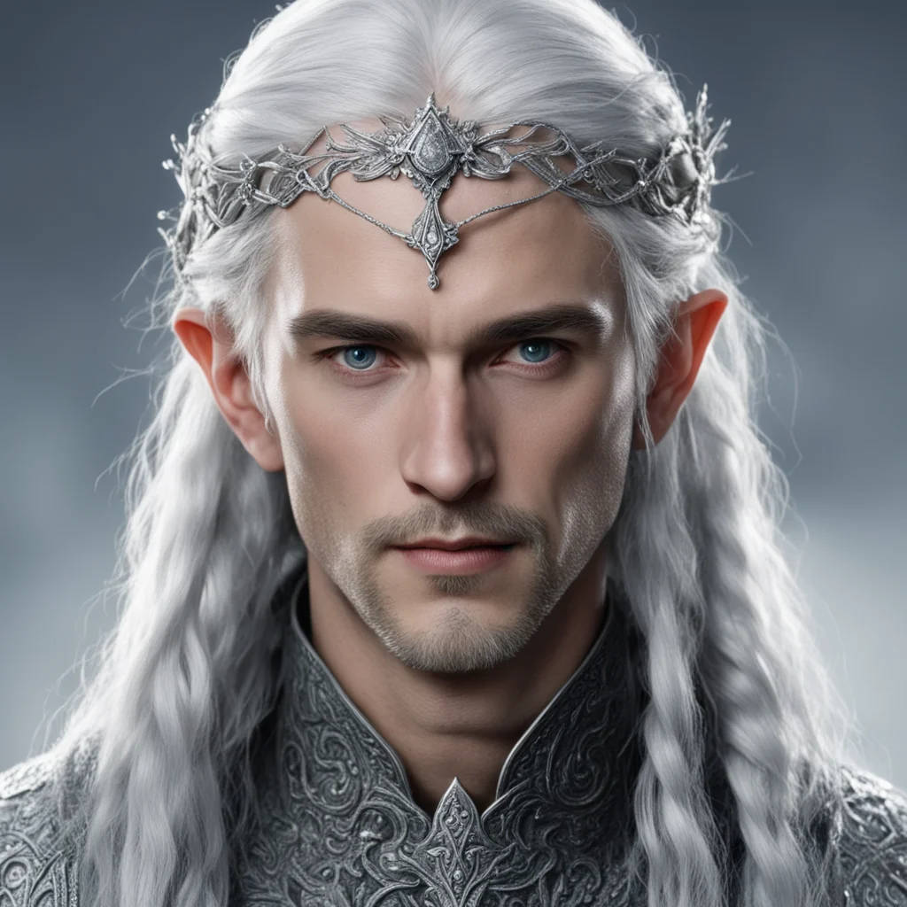 aitolkien prince galathil with silver hair with braids wearing silver sindarin elvish circlet encrusted with diamonds