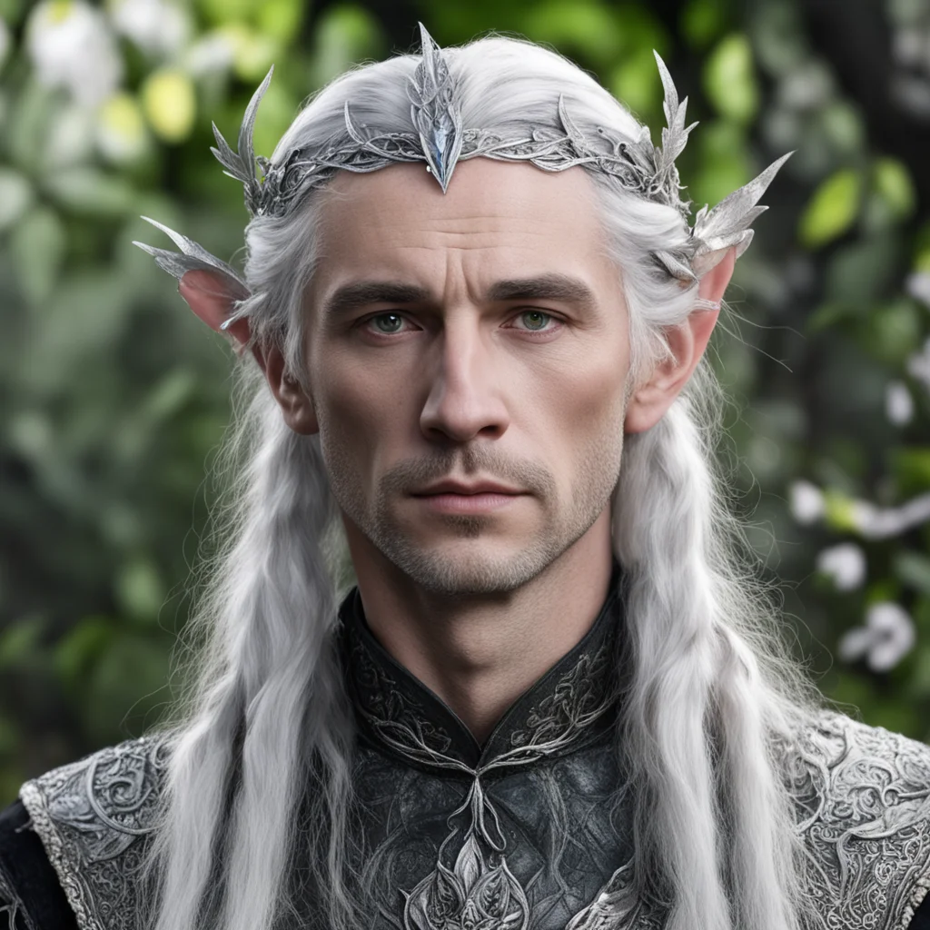 aitolkien prince galathil with silver hair with braids wearing small silver oak leaf elven circlet with diamonds good looking trending fantastic 1