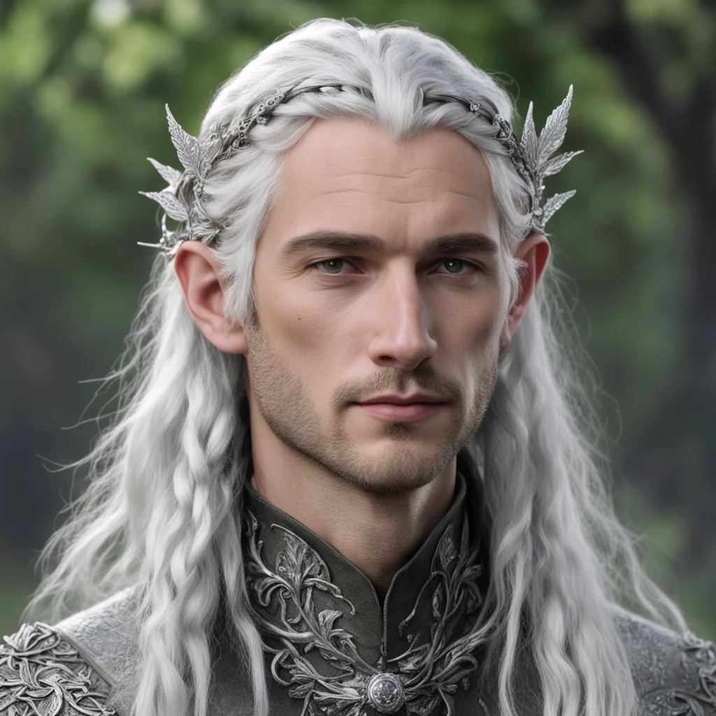 tolkien prince galathil with silver hair with braids wearing small silver oak leaf elven circlet with diamonds