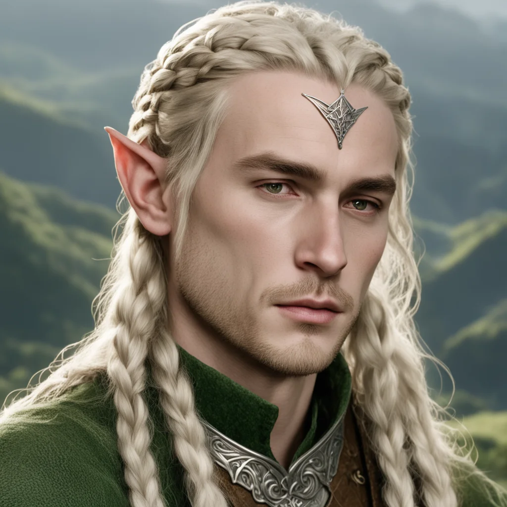 tolkien prince legolas with blond hair and braids wearing silver serpentine elvish circlet with large center diamond good looking trending fantastic 1