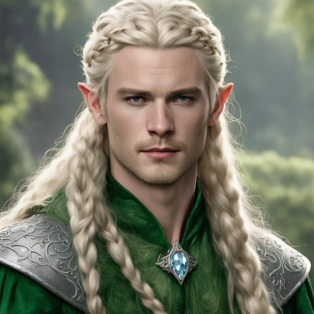 aitolkien prince legolas with blond hair and braids wearing silver serpentine elvish circlet with large center diamond wearing royal sindarin clothing amazing awesome portrait 2