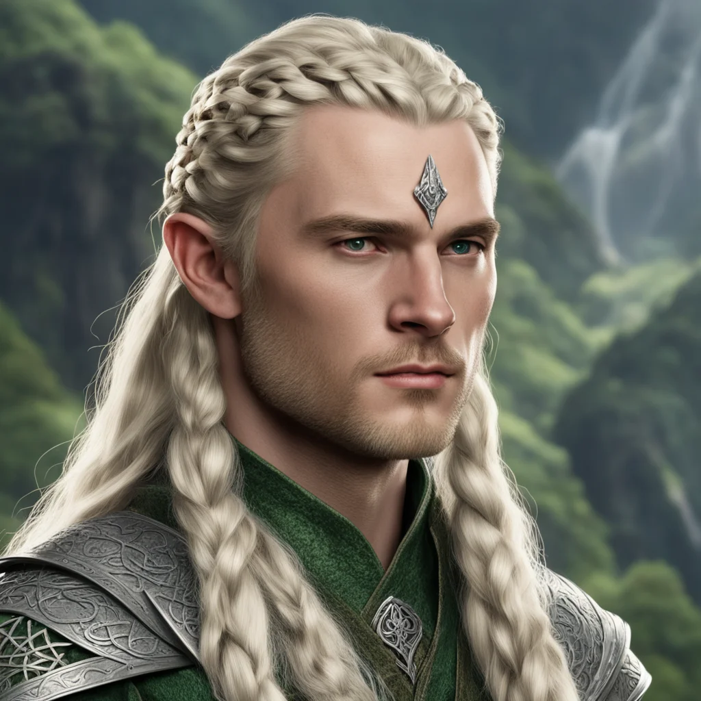 aitolkien prince legolas with blond hair and braids wearing silver serpentine elvish circlet with large center diamond wearing royal sindarin clothing confident engaging wow artstation art 3