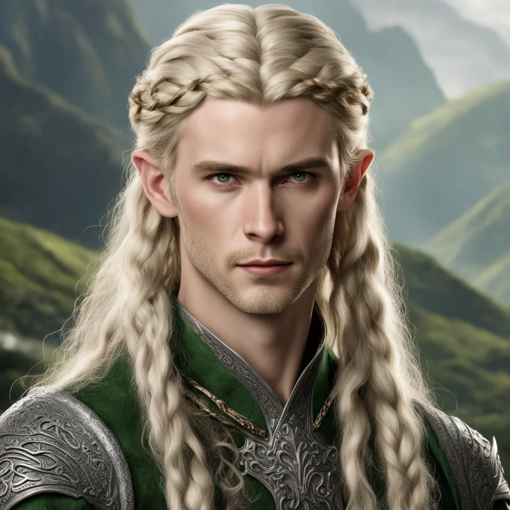 aitolkien prince legolas with blond hair and braids wearing silver serpentine elvish circlet with large center diamond wearing royal sindarin clothing