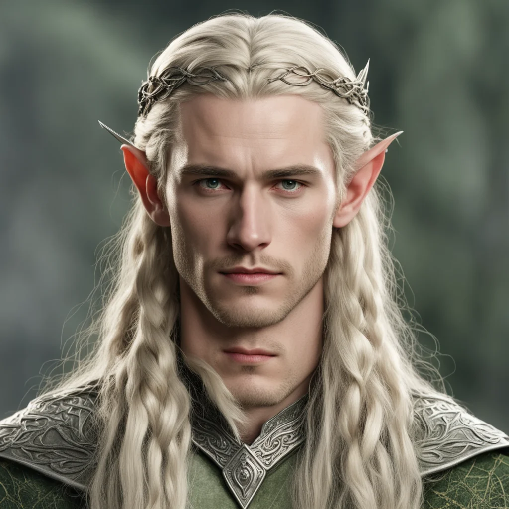 aitolkien prince legolas with blond hair and braids wearing silver serpentine elvish circlet with large center diamond