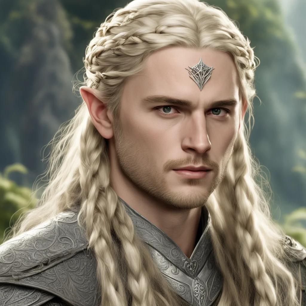 aitolkien prince legolas with blond hair and braids wearing silver sindarin elvish circlet with large center diamond amazing awesome portrait 2
