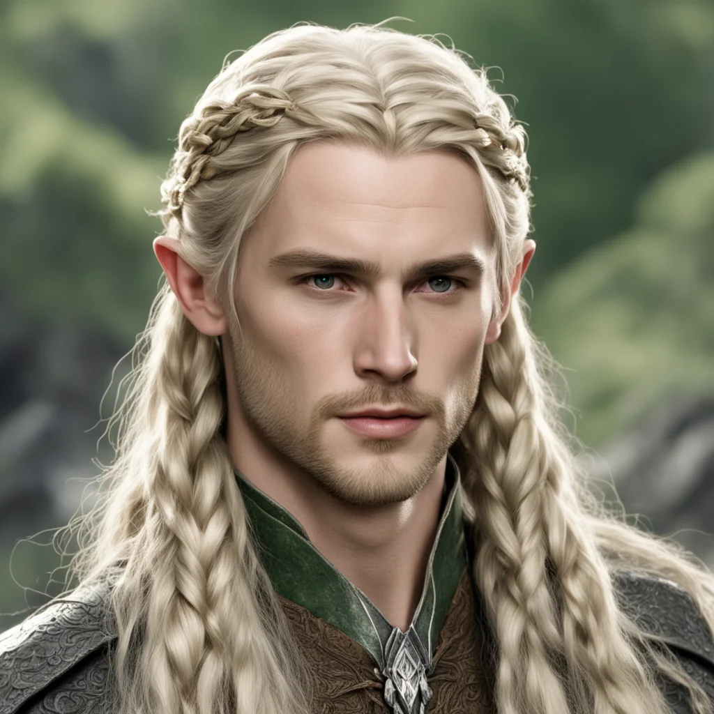 aitolkien prince legolas with blond hair and braids wearing silver sindarin elvish circlet with large center diamond good looking trending fantastic 1