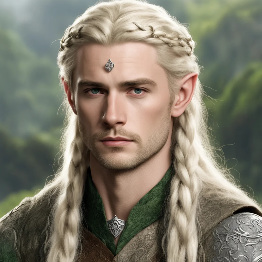 aitolkien prince legolas with blond hair and braids wearing silver sindarin elvish circlet with large center diamond