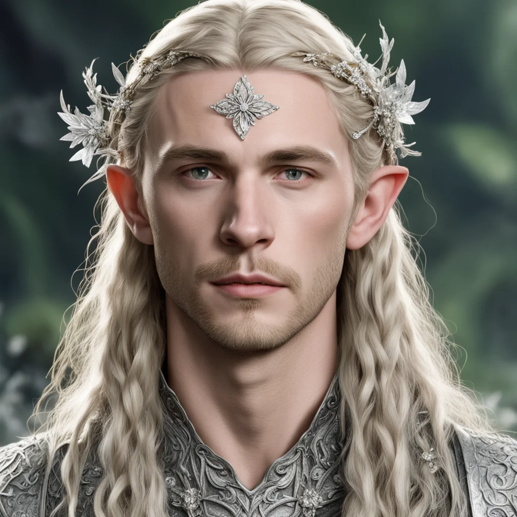 tolkien prince legolas with blond hair and braids wearing silver twigs and silver flowers encrusted with diamonds to form a silver elvish circlet with large center diamond  amazing awesome portrait 