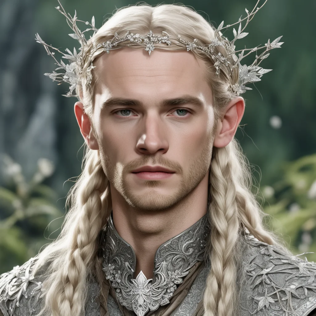 tolkien prince legolas with blond hair and braids wearing silver twigs and silver flowers encrusted with diamonds to form a silver elvish circlet with large center diamond  confident engaging wow ar