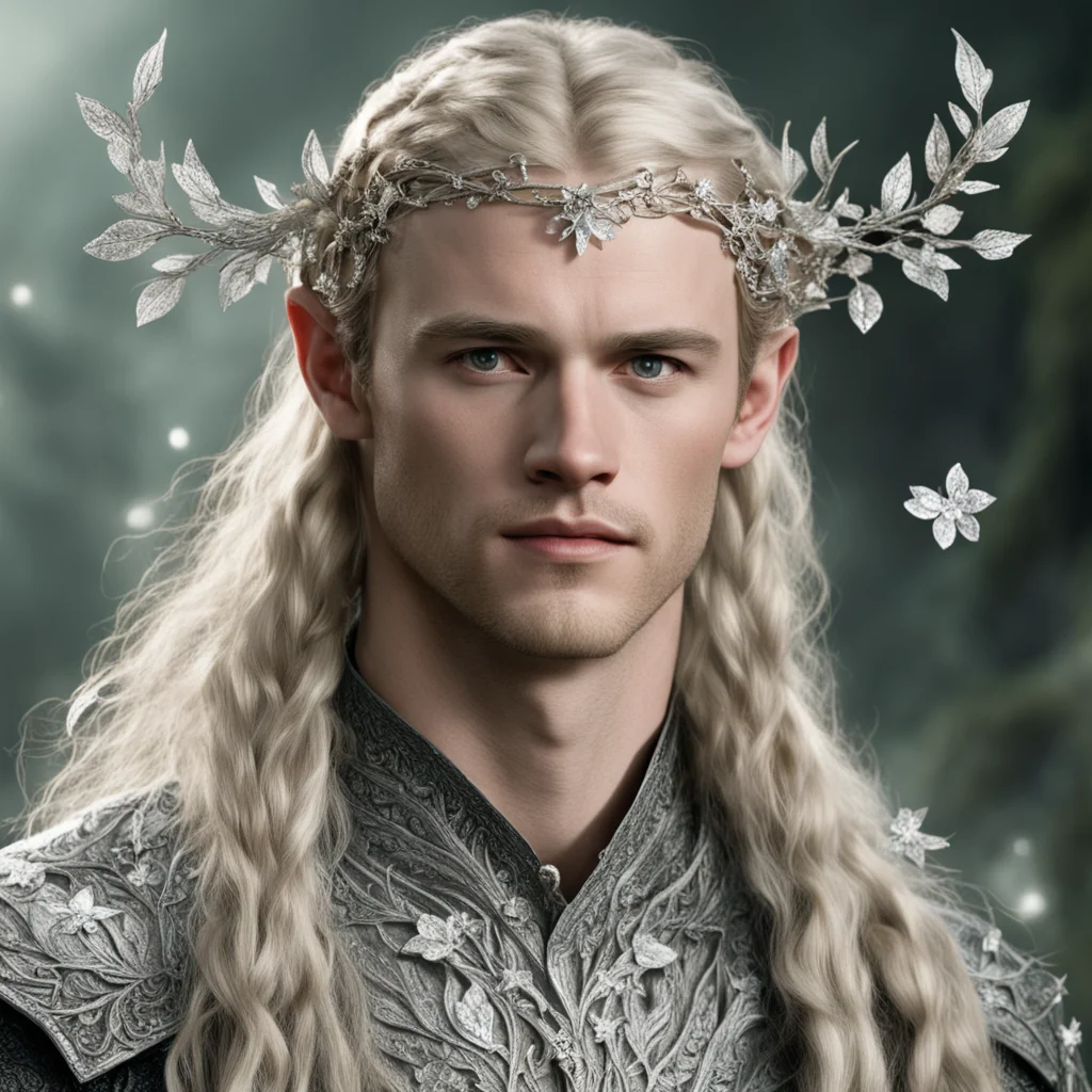 tolkien prince legolas with blond hair and braids wearing silver twigs and silver flowers encrusted with diamonds to form a silver elvish circlet with large center diamond  good looking trending fan