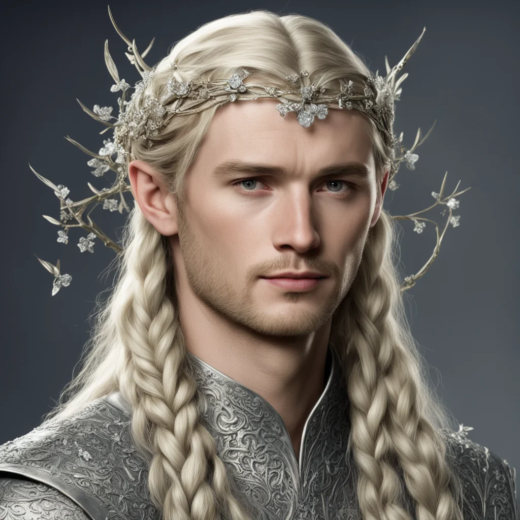 tolkien prince legolas with blond hair and braids wearing silver twigs and silver flowers encrusted with diamonds to form a silver elvish circlet with large center diamond 