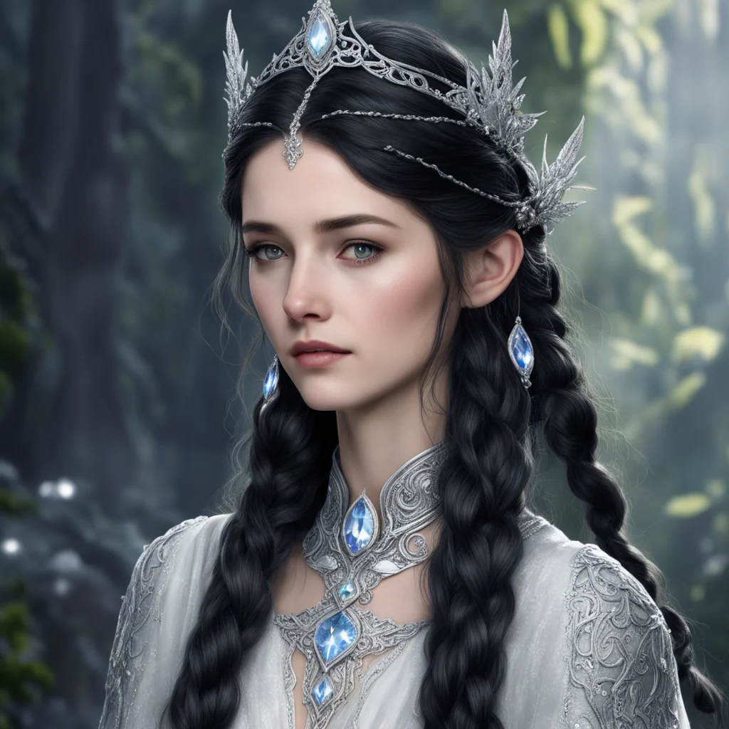 aitolkien princess luthien with dark hair and braids wearing silver elvish circlet encrusted with diamonds with large center diamond  amazing awesome portrait 2