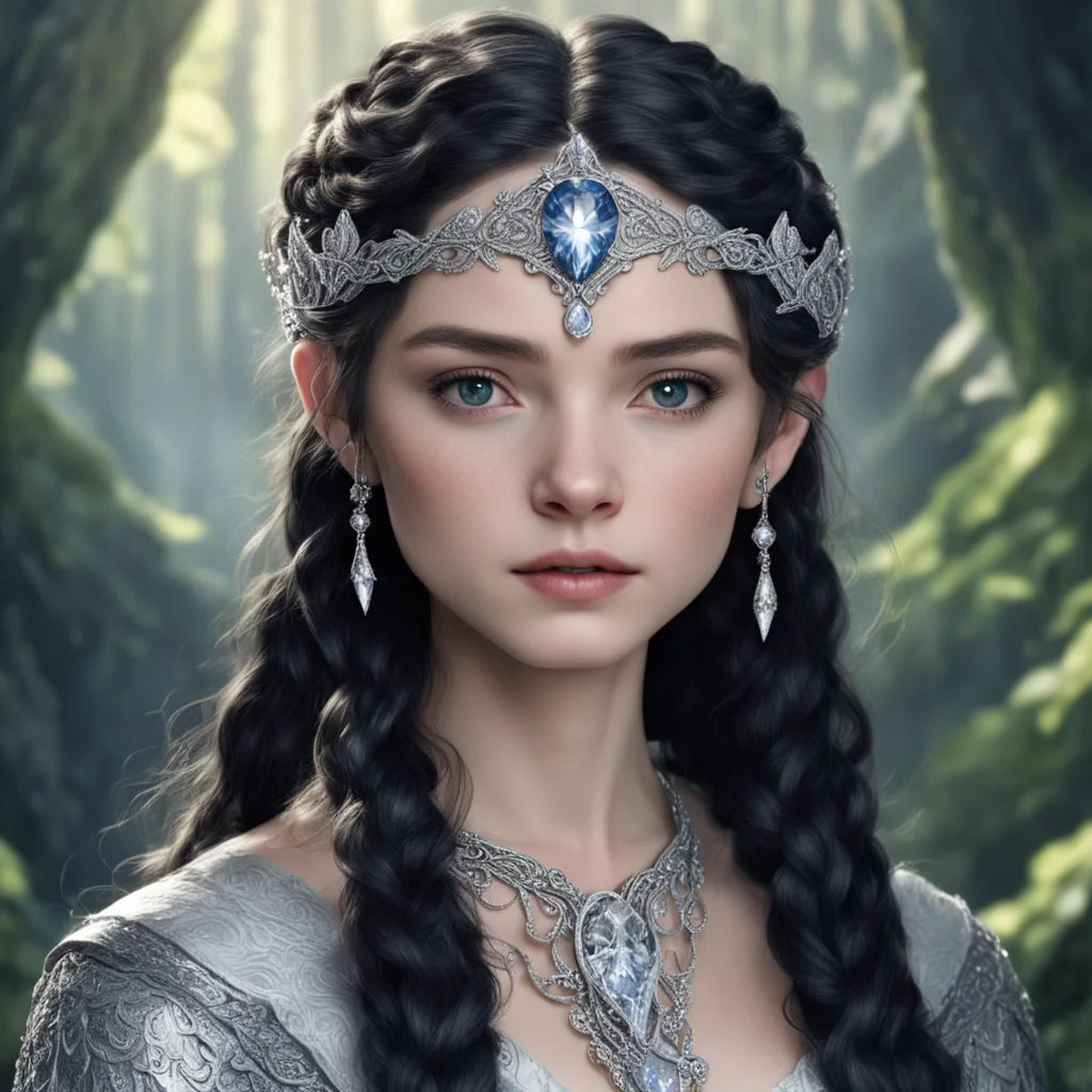 aitolkien princess luthien with dark hair and braids wearing silver elvish circlet encrusted with diamonds with large center diamond  confident engaging wow artstation art 3