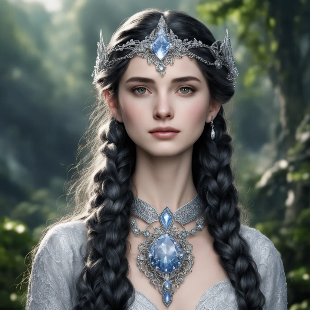 aitolkien princess luthien with dark hair and braids wearing silver elvish circlet encrusted with diamonds with large center diamond  good looking trending fantastic 1