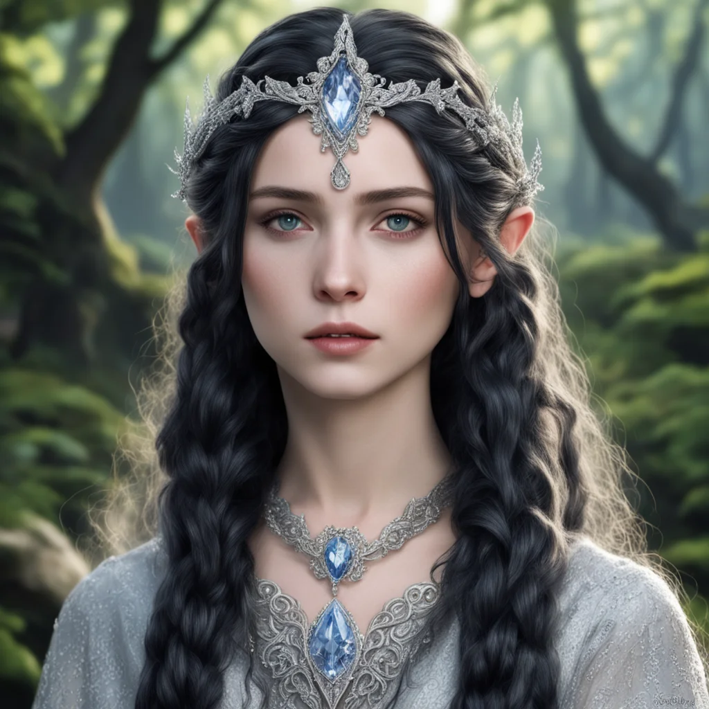 tolkien princess luthien with dark hair and braids wearing silver elvish circlet encrusted with diamonds with large center diamond 
