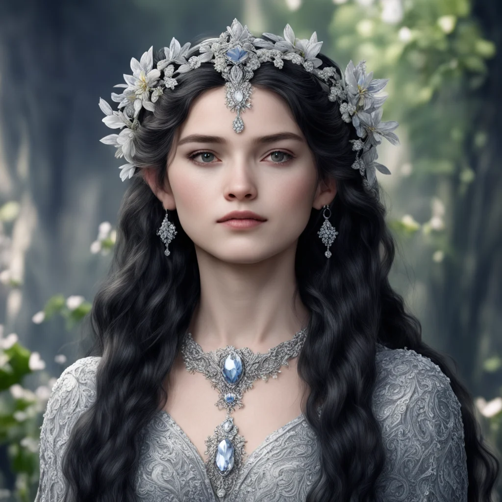 aitolkien princess luthien with dark hair and braids wearing small silver flowers encrusted with diamonds to form a silver elvish circlet wirh large center diamond