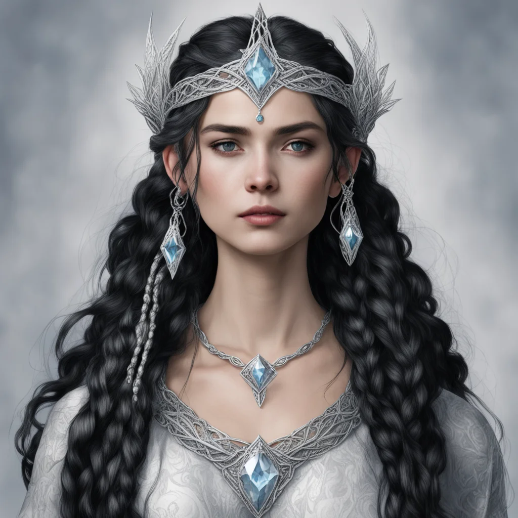 aitolkien queen melian the maia with dark hair and braids wearing a silver sindarin elvish circlet with large center diamond  amazing awesome portrait 2