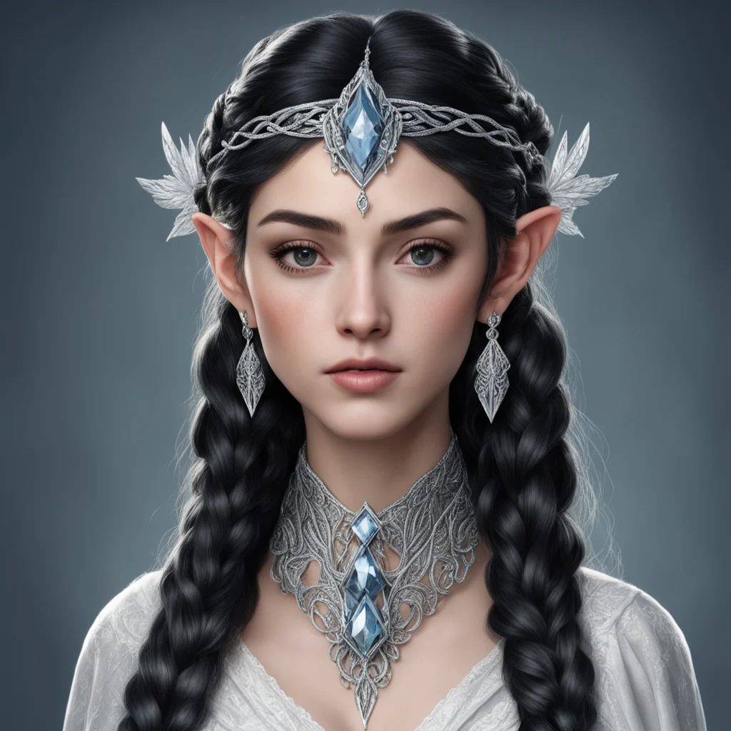 aitolkien queen melian the maia with dark hair and braids wearing a silver sindarin elvish circlet with large center diamond  confident engaging wow artstation art 3