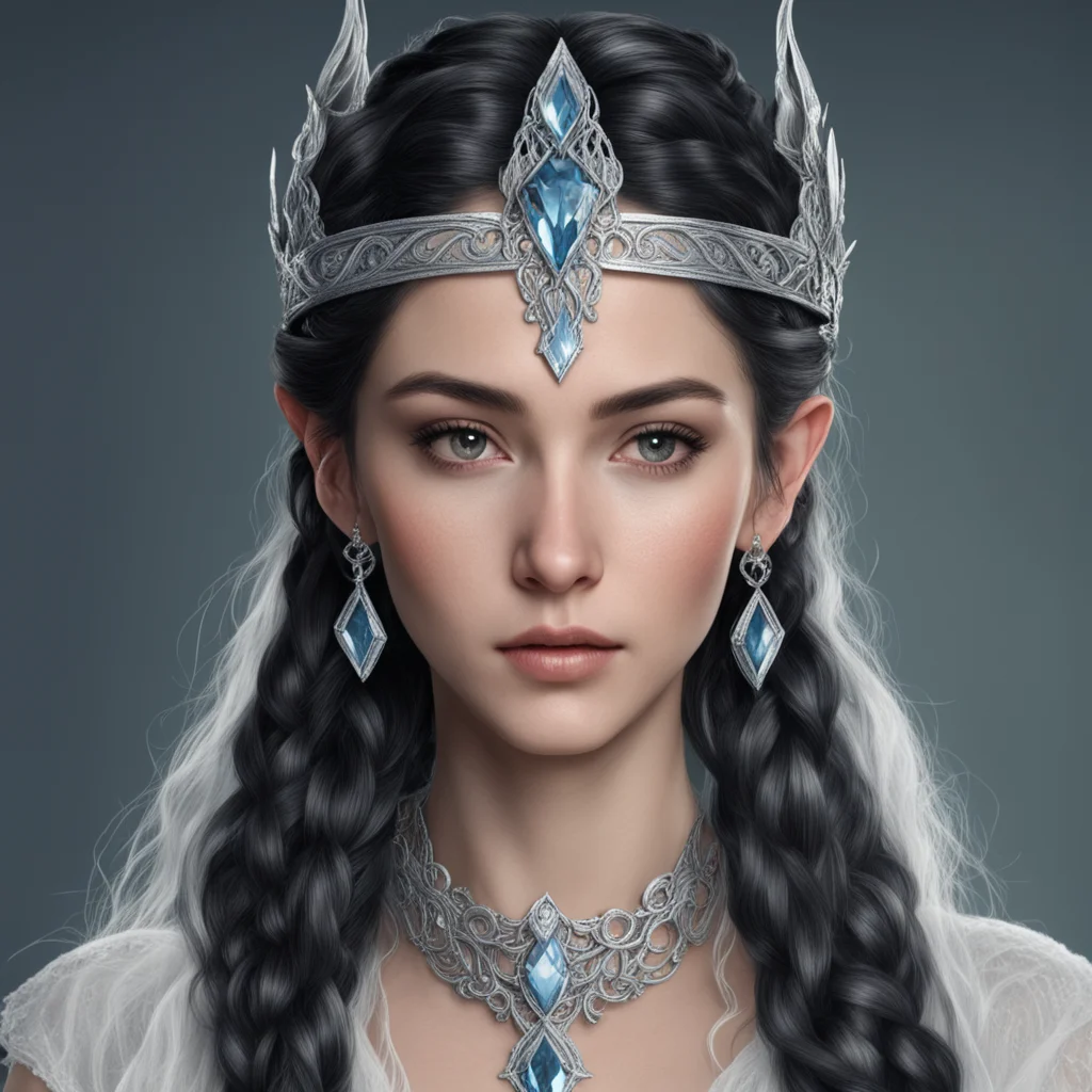 aitolkien queen melian the maia with dark hair and braids wearing a silver sindarin elvish circlet with large center diamond  good looking trending fantastic 1
