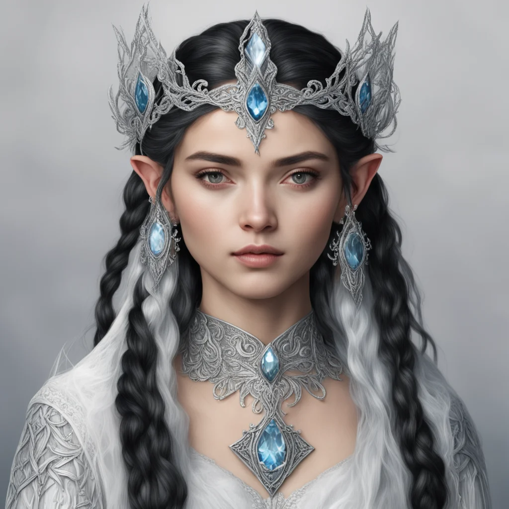 tolkien queen melian the maia with dark hair and braids wearing a silver sindarin elvish circlet with large center diamond 