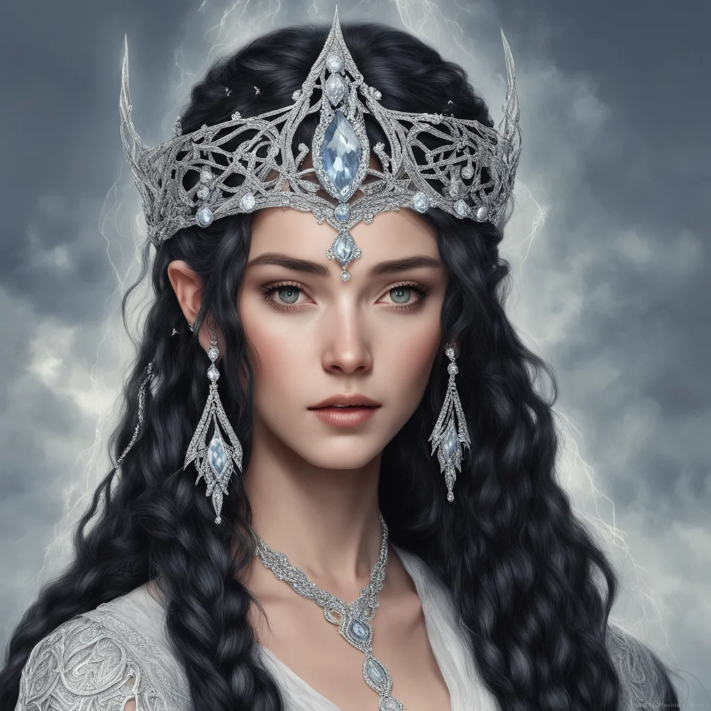 aitolkien queen melian the maia with dark hair and braids wearing silver elvish circlet encrusted with diamonds with large center diamond amazing awesome portrait 2