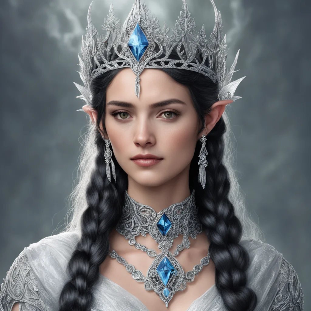aitolkien queen melian the maia with dark hair and braids wearing silver elvish circlet encrusted with diamonds with large center diamond confident engaging wow artstation art 3