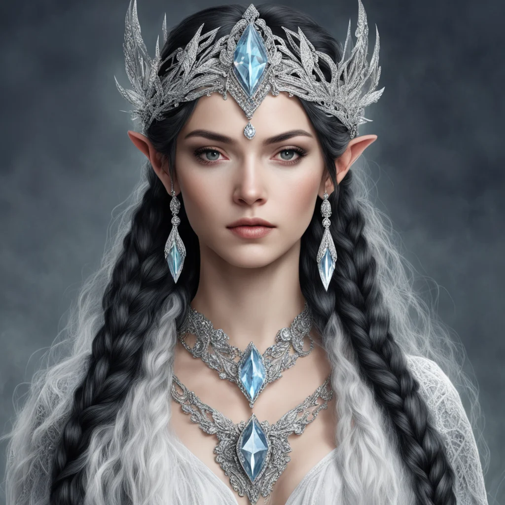 aitolkien queen melian the maia with dark hair and braids wearing silver elvish circlet encrusted with diamonds with large center diamond good looking trending fantastic 1