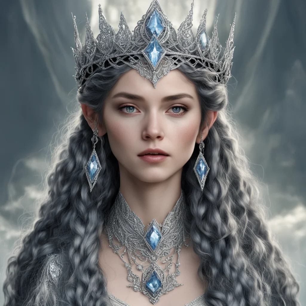 aitolkien queen melian the maia with dark hair and braids wearing silver elvish circlet encrusted with diamonds with large center diamond