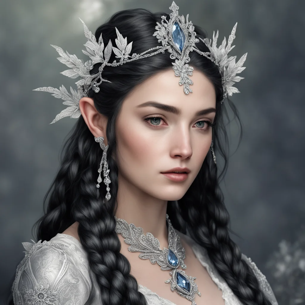 aitolkien queen melian with dark hair and braids wearing silver flowers encrusted with diamonds to form a silver elvish circlet with center diamond amazing awesome portrait 2