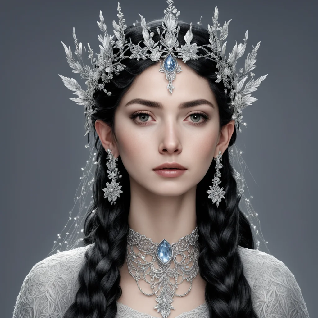 aitolkien queen melian with dark hair and braids wearing silver flowers encrusted with diamonds to form a silver elvish circlet with center diamond confident engaging wow artstation art 3