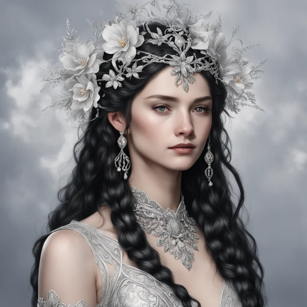 aitolkien queen melian with dark hair and braids wearing silver flowers encrusted with diamonds to form a silver elvish circlet with center diamond good looking trending fantastic 1